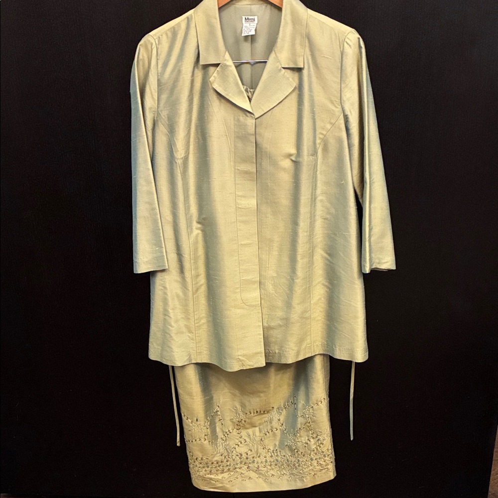 Mimi Maternity Sage Green Raw Silk Top and Beaded skirt. Size S